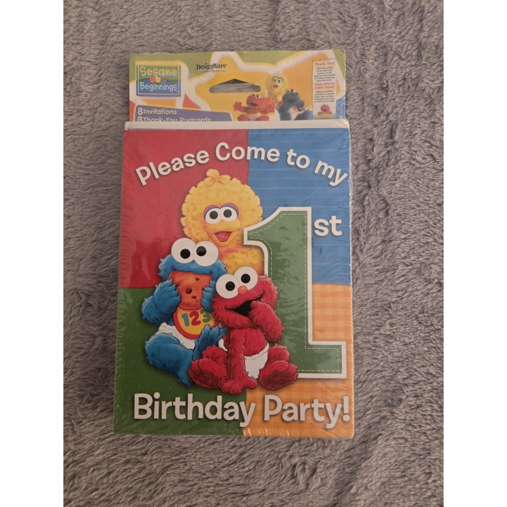 Vintage Sesame Street 1st Birthday Party 8 Invitations 8 Envelopes 8 TY Cards